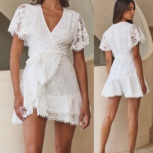 Saints + Secrets wrap lace ruffle embroidered white formal dress Size Medium